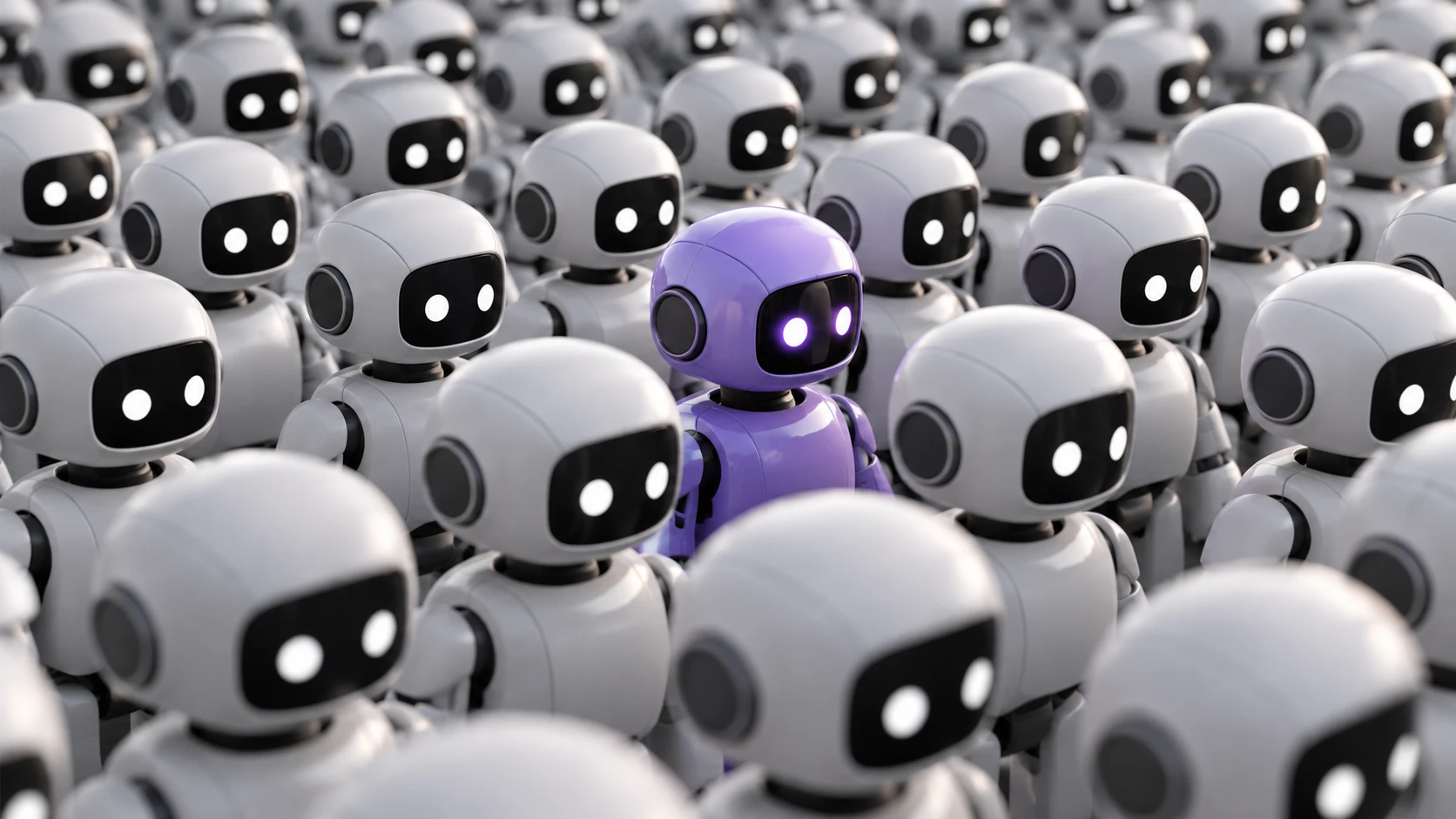 Une foule de petits robots blancs identiques ; un seul, au milieu, est violet.